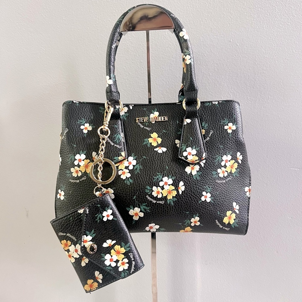 Steve Madden Floral Mickey Satchel Matching Keychain Wallet Cardholder Black